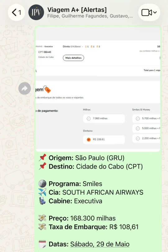 Grupo Viagem A+ Alertas no celular mostrando uma oportunidade de São Paulo para Cidade do Cabo em classe executiva