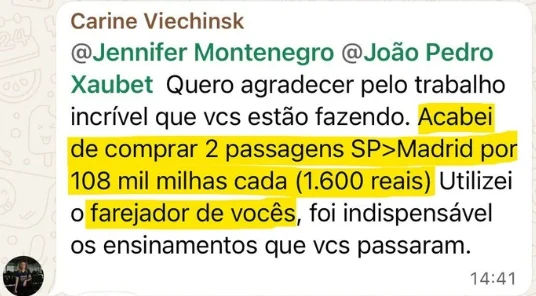 Print do depoimento de Carine sobre economia com o Viagem A+
