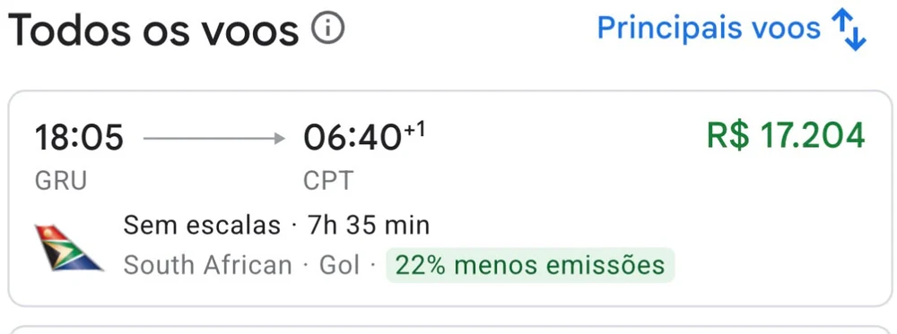 Preço de R$ 17.204 para o voo da South African Airways de São Paulo para Cidade do Cabo