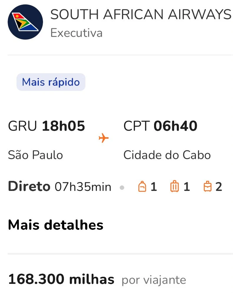 Passagem executiva da South African Airways de São Paulo para Cidade do Cabo por 168.300 milhas