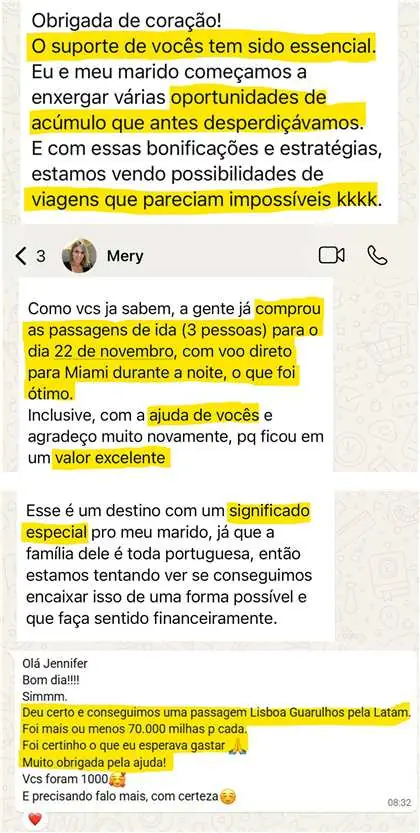 Dois prints do depoimento da Mery na Comunidade Viagem A+